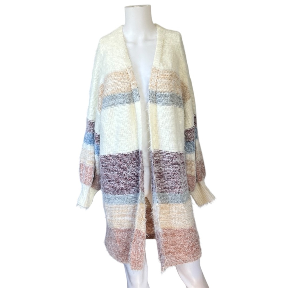 Oliver O Long Cardigan Sweater Fuzzy Knit Striped Open Front Womens Size XL - Picture 9 of 9